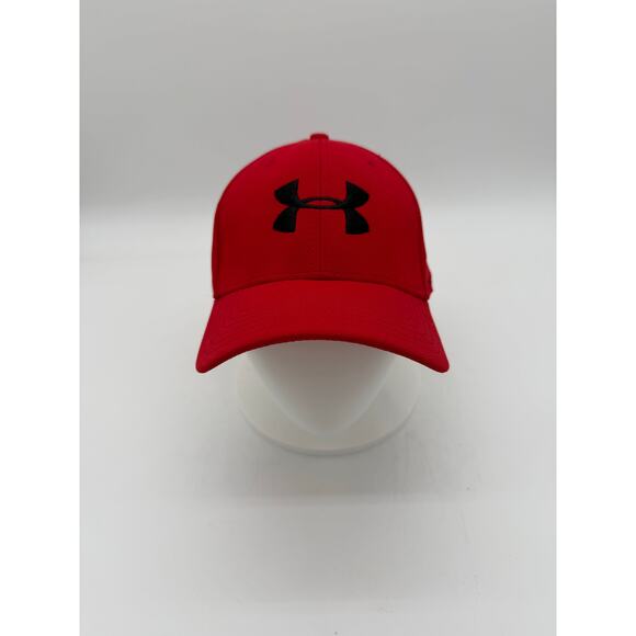 Under Armour Red Hat Mens Fitted Baseball Cap Stretch Fit Black Logo UA - Picture 1 of 5